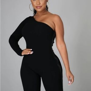 Ribbed knit one shoulder jumpsuit with long side zipper